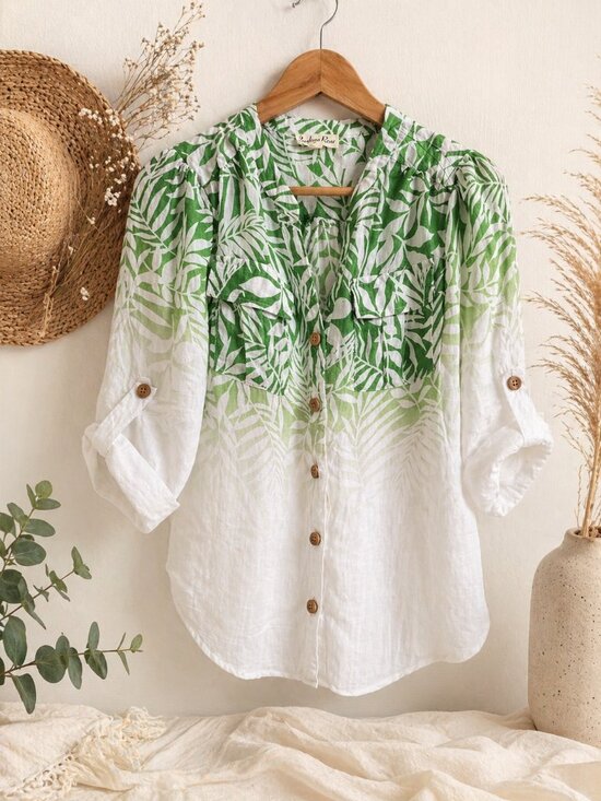 indigo Rose Tops - Indigo Rose Tropical Leaf Blouse Medium Green White Roll Tab Sleeve Lightweight